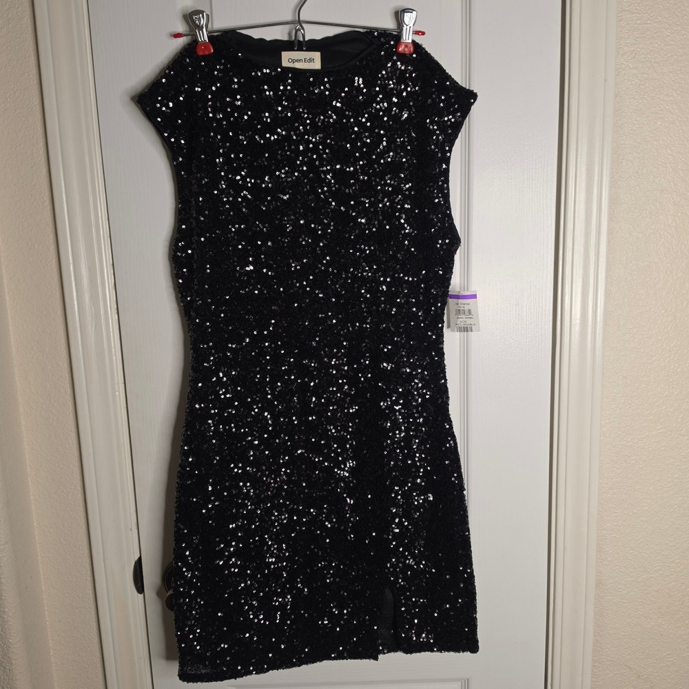 Open Edit Womens Black Sequin Sleeveless Mini Dress Side Slit Size S NWT
